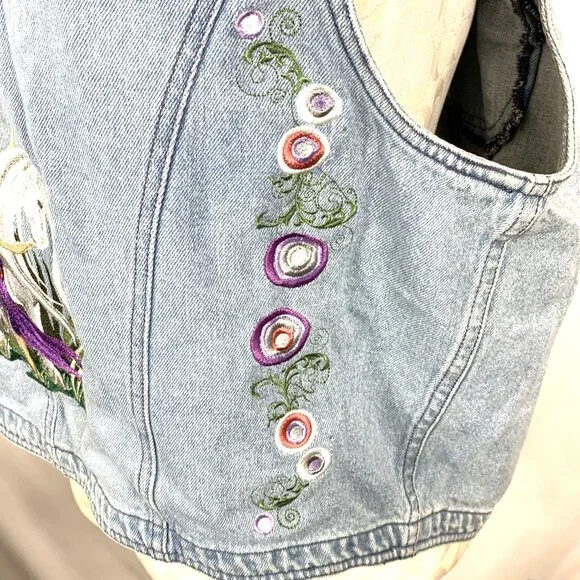 Denim Vest Sz XL Embroidered Fairies Unicorn Whimsical Russ State of Blue Vtg - Picture 6 of 11